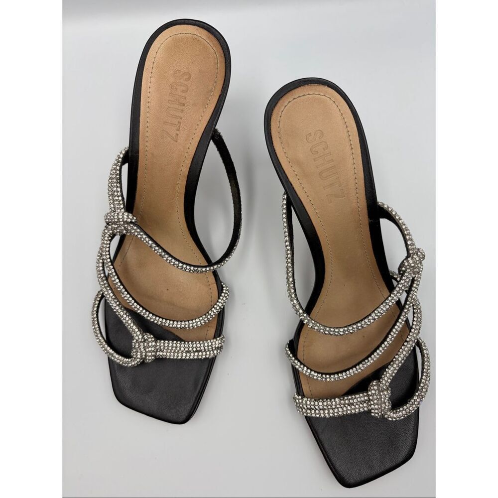 Schutz Lauryn Patent Leather Rhinestone Knot Sandal in Black Size 8.5